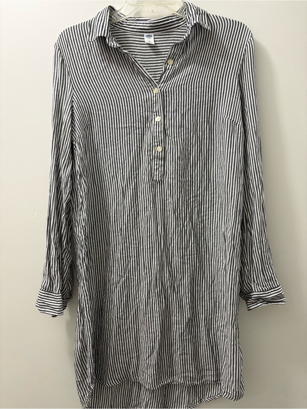 Button Half-Placket Black and White Striped Tunic Dress